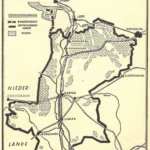 Historische Karte des Emsland-Erschließungsgebiets mit eingezeichneten Mooren, Grenzen und Städten wie Meppen, Lingen und Nordhorn.