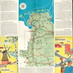 Historische Tourismuskarte von Emsland und Ostfriesland mit Sehenswürdigkeiten, Reiserouten und Illustrationen aus den 1950er-Jahren.