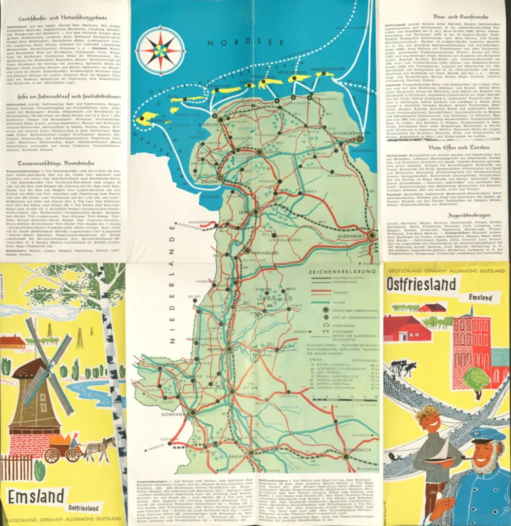 Historische Tourismuskarte von Emsland und Ostfriesland mit Sehenswürdigkeiten, Reiserouten und Illustrationen aus den 1950er-Jahren.