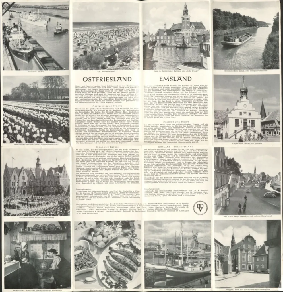 Historischer Reiseprospekt mit Schwarzweißfotos von Ostfriesland und Emsland, zeigt Häfen, Kanäle und Städte.
