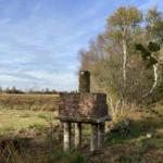 Ein alter Grenzstein auf einem erhöhten Ziegelsockel mit Holzpfählen steht in einer moorigen Landschaft mit Birken.