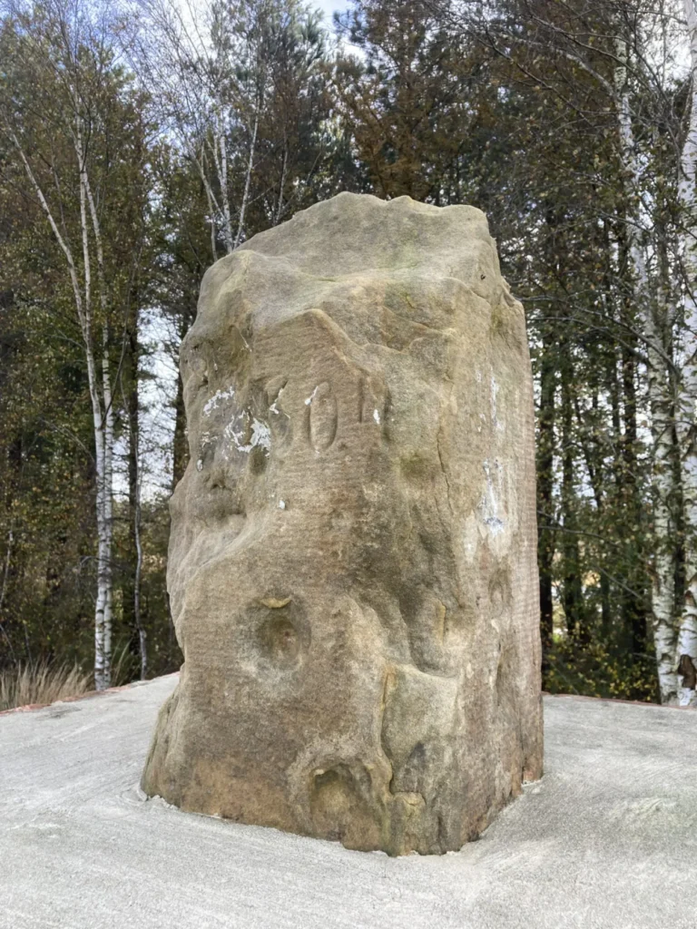 Ein verwitterter Sandstein-Grenzpfeiler auf einem Betonsockel, umgeben von Birken und Nadelbäumen, mit kaum lesbarer Inschrift.