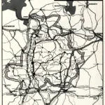 Schwarzweiße Regionalkarte des Wirtschaftsraums Emsland mit Verkehrswegen, Städten und geplanten Autobahnen, ca. 1972.