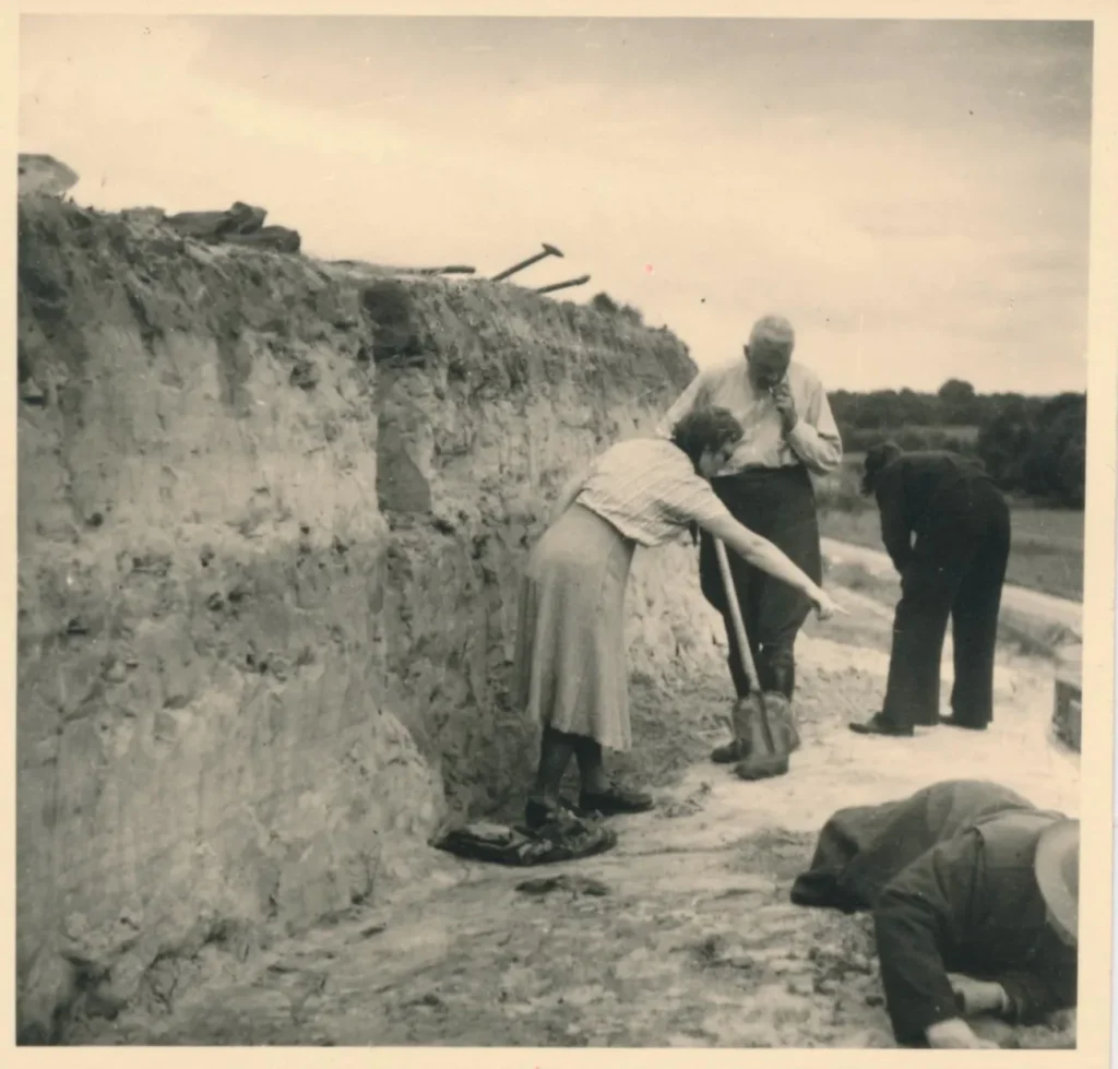 Mehrere Personen untersuchen eine Bodenprofil-Wand bei einer archäologischen Ausgrabung im Emsland.
