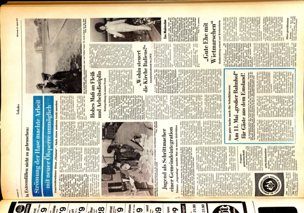 Zeitungsseite vom 27. April 1977 mit lokalen Berichten über das Emsland, darunter ein Artikel zu den Osnabrück-Tagen.