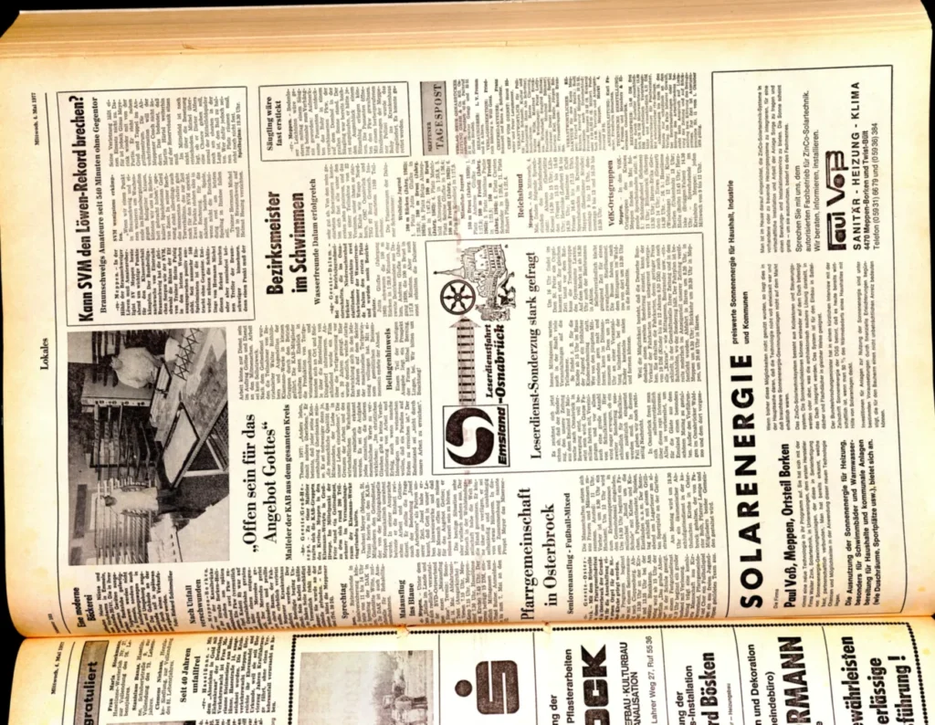 Aufgeschlagene Zeitungsseite der Emsländischen Tagespost vom 4. Mai 1977 mit lokalen Nachrichten und Anzeigen.