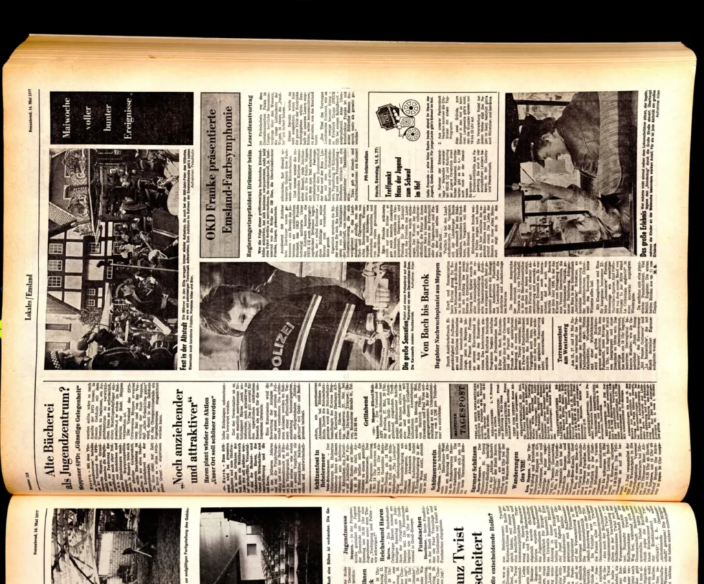 Aufgeschlagene deutsche Lokalzeitung vom 14. Mai 1977 mit Berichten und Fotos über Ereignisse im Emsland.