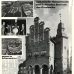 Werbeseite von 1972 zeigt Meppens Rathaus, Luftaufnahmen und Industriebilder als wirtschaftliches Zentrum des Emslandes.