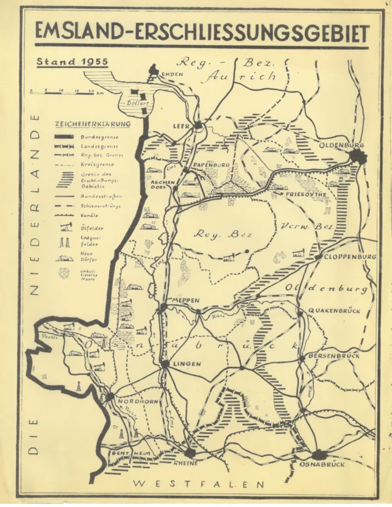 Historische Karte von 1955 zeigt das Emsland-Erschließungsgebiet mit Ölfeldern, Kanälen, neuen Dörfern und Bundesstraßen.