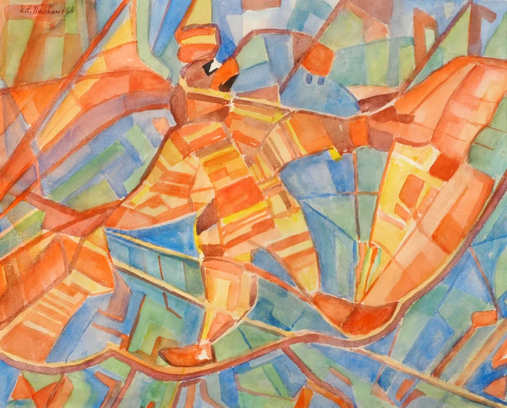 Abstraktes Aquarell von K.T. Nauhaus, 1968: Eine dynamische Figur in Orange- und Gelbtönen auf blau-grünem Hintergrund.