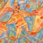 Abstraktes Aquarell von K.T. Nauhaus, 1968: Eine dynamische Figur in Orange- und Gelbtönen auf blau-grünem Hintergrund.