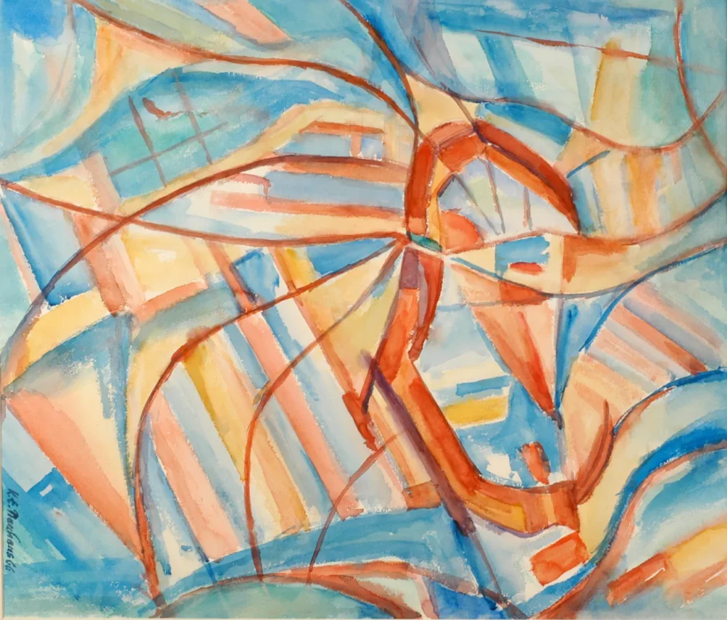 Abstraktes Aquarell von K.E. Nauhaus mit dynamischen Kurven und Flächen in Blau-, Orange- und Gelbtönen.