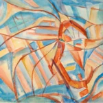 Abstraktes Aquarell von K.E. Nauhaus mit dynamischen Kurven und Flächen in Blau-, Orange- und Gelbtönen.