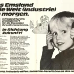 Schwarzweiß-Werbeanzeige mit Kind und Kopfhörer wirbt für den Industriestandort Emsland als Region der Zukunft.