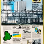 Schwarz-Weiß-Foto eines Industriekraftwerks mit Hochspannungsleitungen im Emsland, aus einer Werbebroschüre der Emsland GmbH.