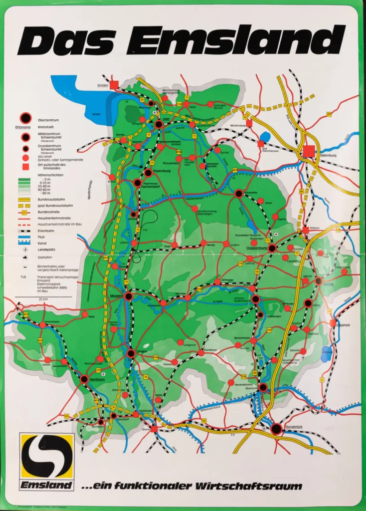 Farbige Regionalkarte des Emslandes mit Straßen, Bahnlinien und Ortschaften als Wirtschaftsraumübersicht.