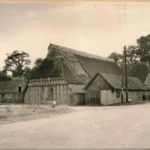 Historisches Schwarzweißfoto eines baufälligen Fachwerkhofs mit Reetdach an einer Dorfstraße, ca. 1950er Jahre.