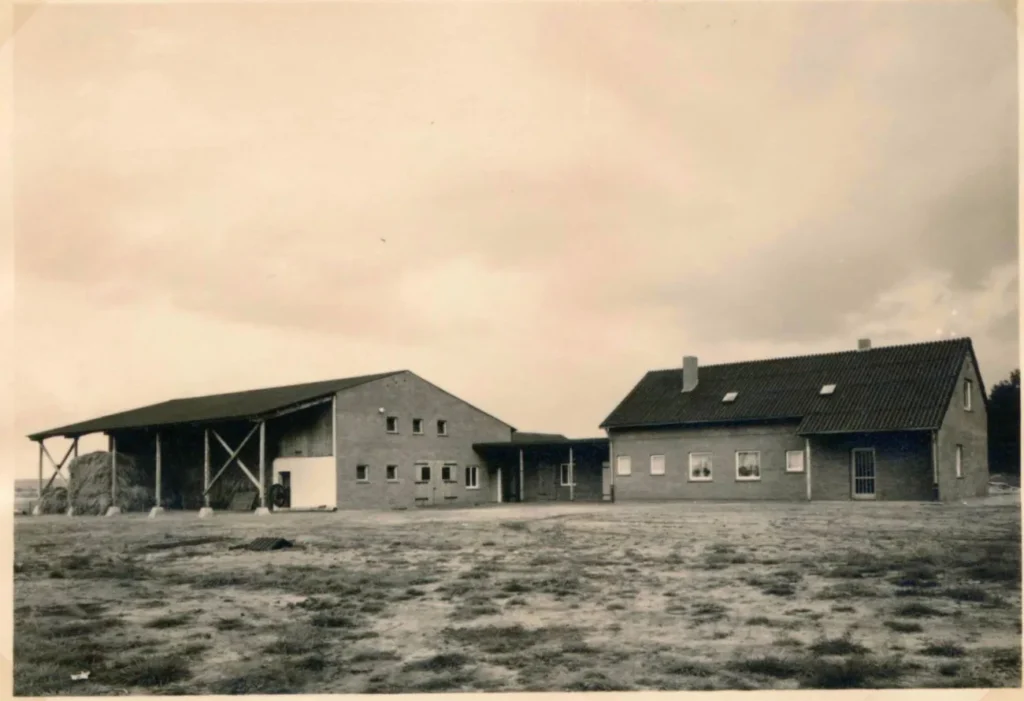 Historisches Foto eines neu gebauten Aussiedlerhofs mit Wohnhaus, Scheune und Heulager auf freiem Feld.