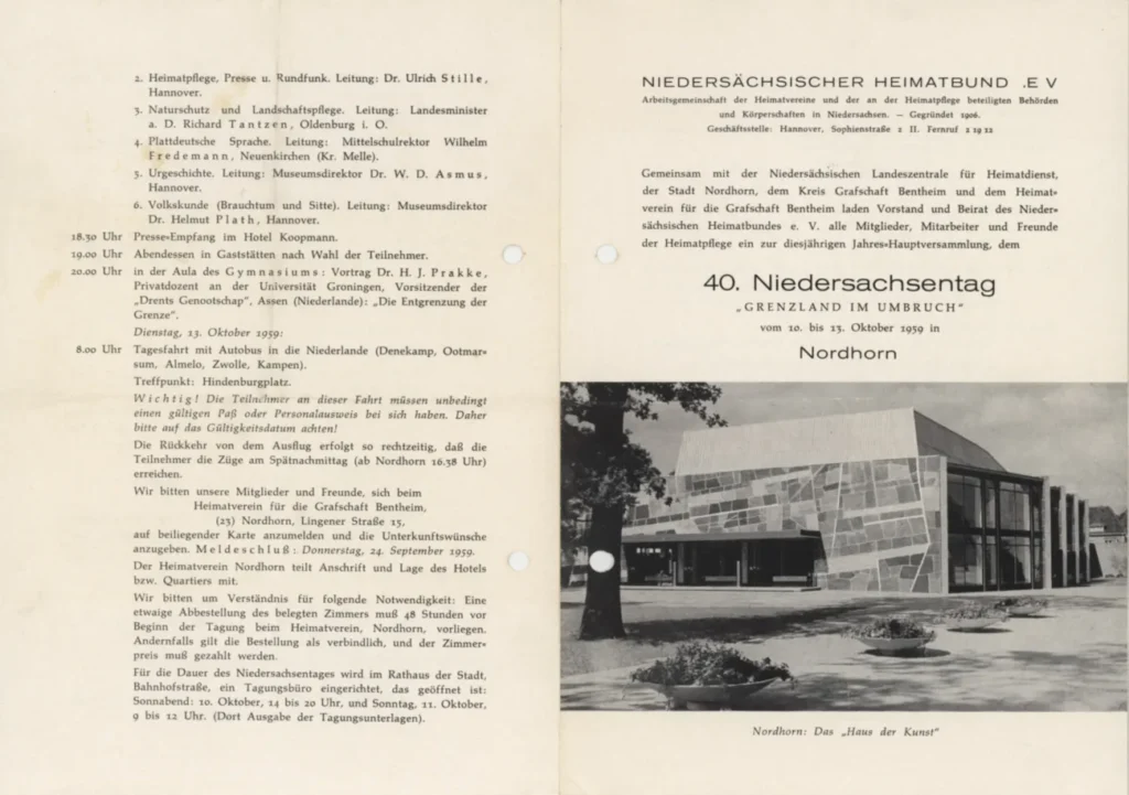 Zweiseitiges Programm des 40. Niedersachsentags 1959 in Nordhorn mit Foto des Hauses der Kunst.