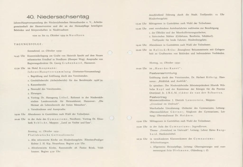 Gedrucktes Tagungsprogramm des 40. Niedersachsentags vom 10. bis 13. Oktober 1959 in Nordhorn mit detaillierter Tagesordnung.