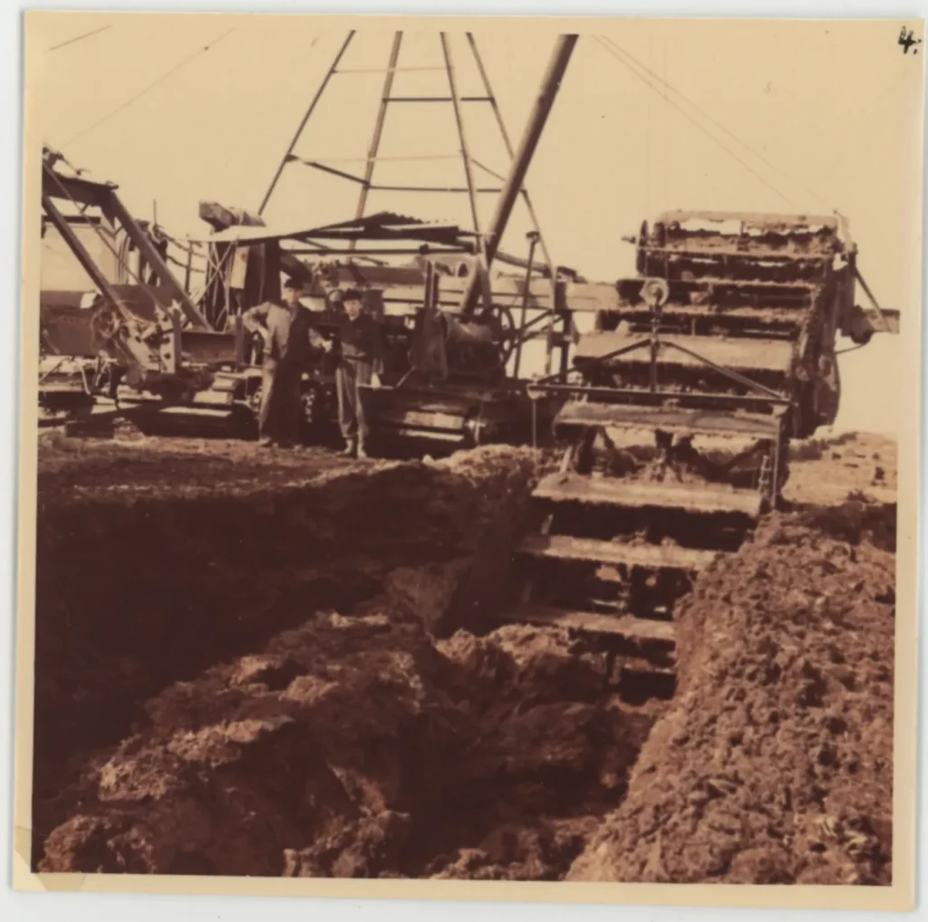 Historische Aufnahme einer Torfabbaumaschine mit Schaufelrad im Einsatz, zwei Arbeiter stehen daneben.