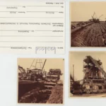 Drei historische Fotos zeigen Torfabbaumaschinen und aufgereihte Torfsoden im Emsland, dazu eine Bildkarte des Torfwerks Papenburg.