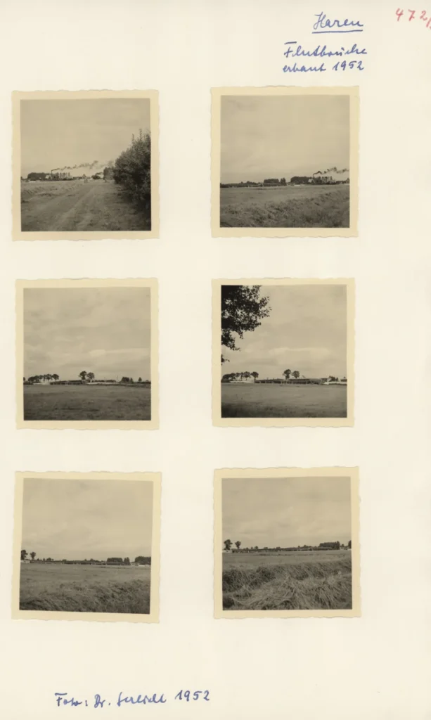 Sechs historische Schwarzweißfotos von 1952 zeigen die neu erbaute Flutbrücke in Haren inmitten flacher Emslandlandschaft.