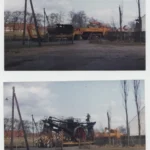 Zwei Fotos zeigen den aufwendigen Transport eines großen Dampfpflugs der Firma Ottomeyer auf einem Tieflader.