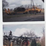 Zwei historische Fotos zeigen den Transport eines Ottomeyer-Mammutpflugs auf einem gelben Tieflader sowie die Entladung des Geräts.