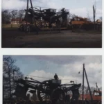 Historische Fotos zeigen den schweren Ottomeyer Mammutpflug beim aufwendigen Transport durch ein norddeutsches Dorf.