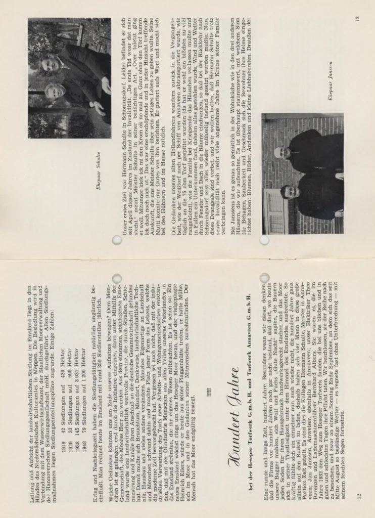 Zwei schwarz-weiße Porträtfotos von Ehepaaren Schulte und Janssen, Siedler im Emsland, aus einer Werkszeitschrift von 1957.