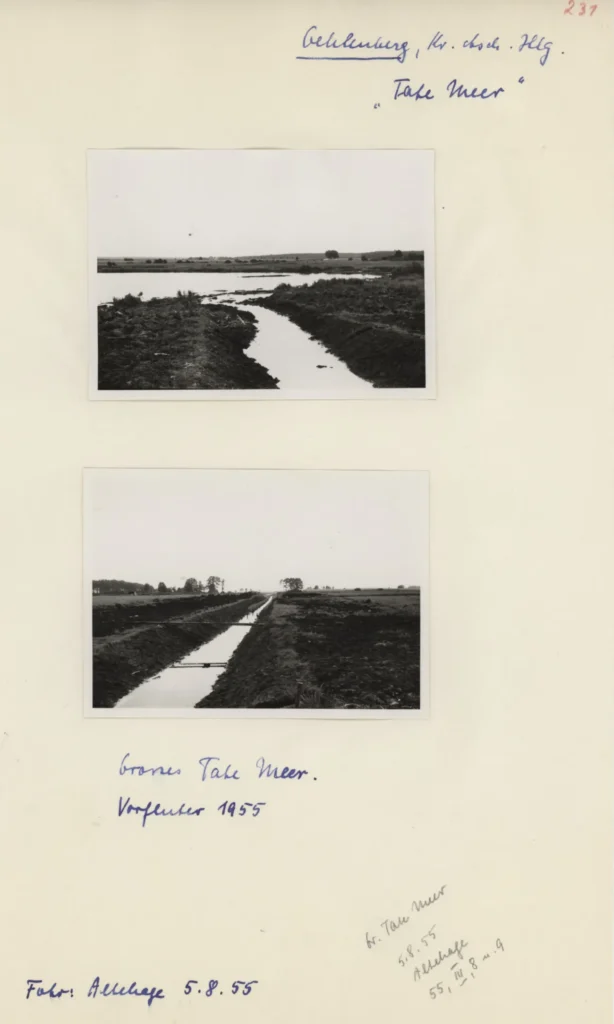 Zwei Schwarzweißfotos des Take Meers bei Gehlenberg zeigen einen Entwässerungskanal durch Moorlandschaft, aufgenommen 1955.