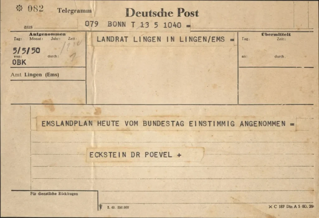 Historisches Telegramm der Deutschen Post vom 5. Mai 1950 mit der Nachricht über die einstimmige Annahme des Emslandplans im Bundestag.