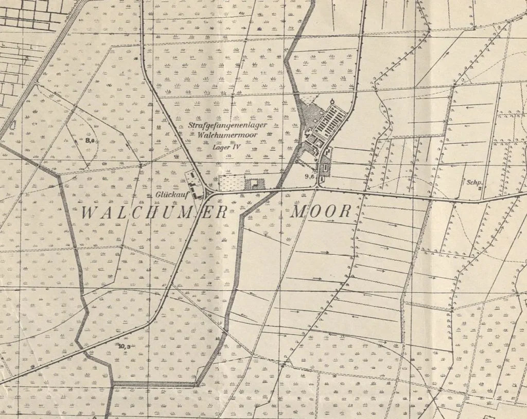 Topografische Karte zeigt das Strafgefangenenlager Walchumer Moor Lager IV im Moorgebiet, ca. 1930er–1940er Jahre.