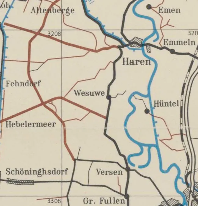 Historische Landkarte zeigt Wesuwe und umliegende Orte wie Haren und Versen im Emsland mit Flussläufen und Straßen.
