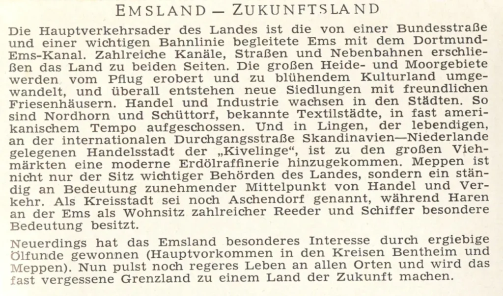 Historischer Werbetext 'Emsland – Zukunftsland' beschreibt wirtschaftliche Entwicklung, Handel und Erdölfunde der Region.