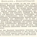 Historischer Werbetext 'Emsland – Zukunftsland' beschreibt wirtschaftliche Entwicklung, Handel und Erdölfunde der Region.