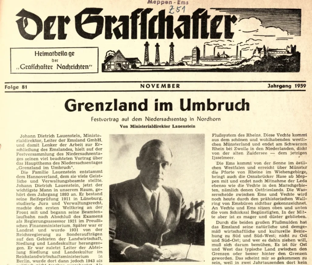 Titelseite der Heimatbeilage 'Der Grafschafter' vom November 1959 mit Artikel über Ministerialdirektor Lauenstein und dem Niedersachsentag.