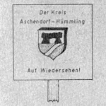 Gezeichnetes Ortsausgangsschild des Kreises Aschendorf-Hümmling mit Wappen und Aufschrift 'Auf Wiedersehen!'.