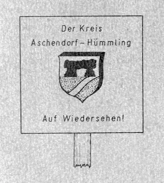 Gezeichnetes Ortsausgangsschild des Kreises Aschendorf-Hümmling mit Wappen und Aufschrift 'Auf Wiedersehen!'.