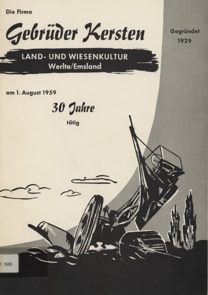 Titelseite der Festschrift 1959 der Firma Gebrüder Kersten mit Illustration von Moorkulturmaschinen im Einsatz.