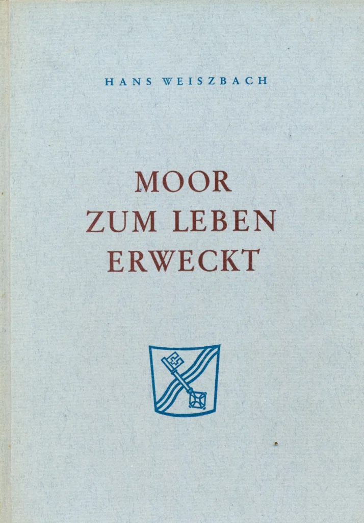 Hellblaues Buchcover mit Titel 'Moor zum Leben erweckt' von Hans Weiszbach und blauem Stadtwappen.