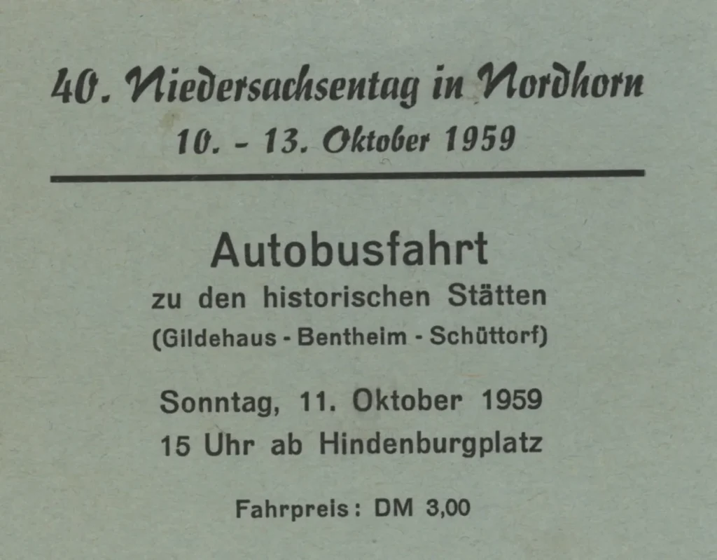 Programmkarte für eine Autobusfahrt zu historischen Stätten beim 40. Niedersachsentag in Nordhorn, Oktober 1959.