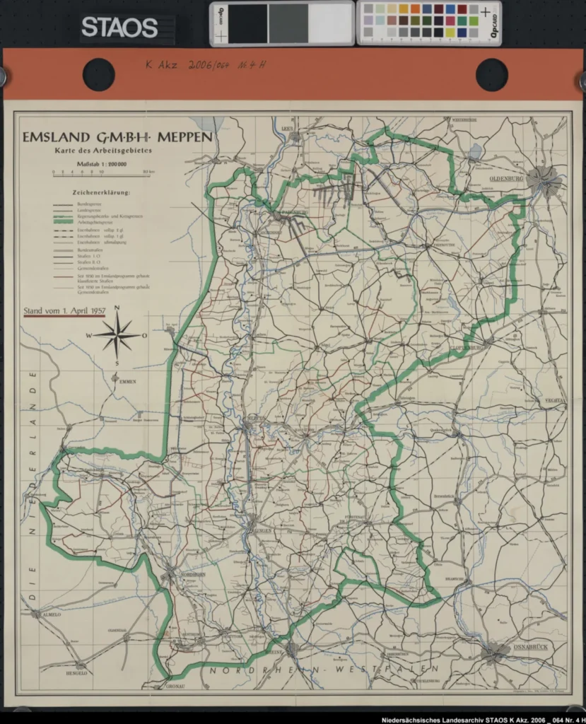 Historische Karte des Arbeitsgebiets der Emsland GmbH Meppen von 1957 mit grün markierter Gebietsgrenze.