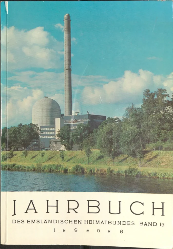 Titelseite des Emsland-Jahrbuchs 1968 mit Foto des Kernkraftwerks Lingen, bestehend aus Reaktorkuppel und hohem Schornstein.