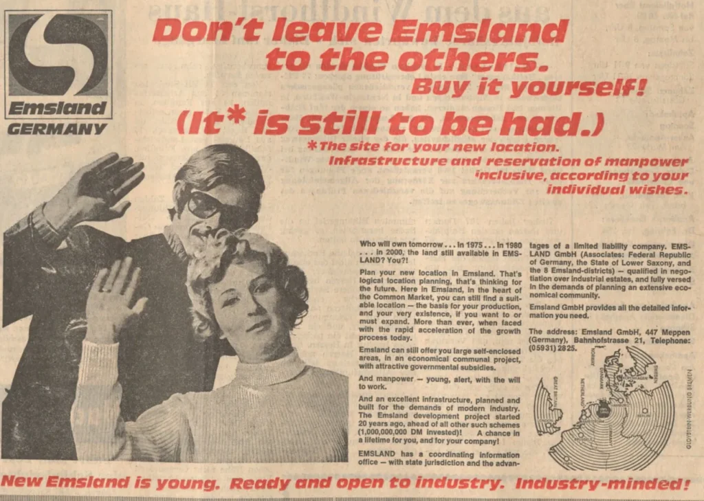 Historische Zeitungsanzeige der Emsland GmbH auf Englisch mit zwei winkenden Personen und dem Slogan: Don't leave Emsland to the others.
