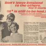 Historische Zeitungsanzeige der Emsland GmbH auf Englisch mit zwei winkenden Personen und dem Slogan: Don't leave Emsland to the others.