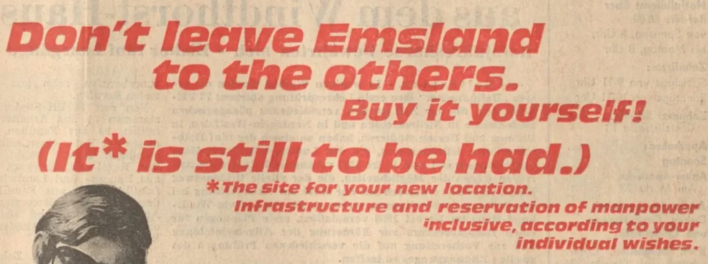 Historische Zeitungsanzeige der Emsland GmbH auf Englisch wirbt international für Gewerbeansiedlungen im Emsland.